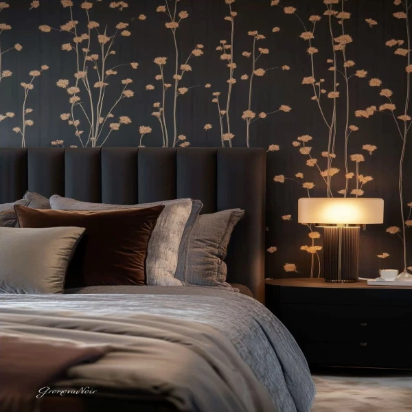 A minimalist bedroom with a moon phase garland hanging on the wall above the bed.